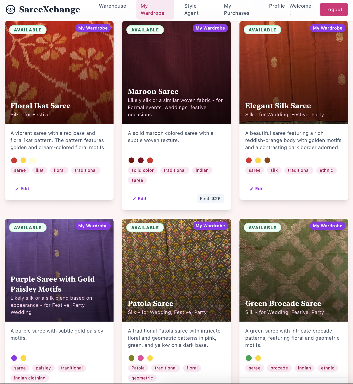 SareeXchange app showing My Wardrobe with AI-tagged sarees