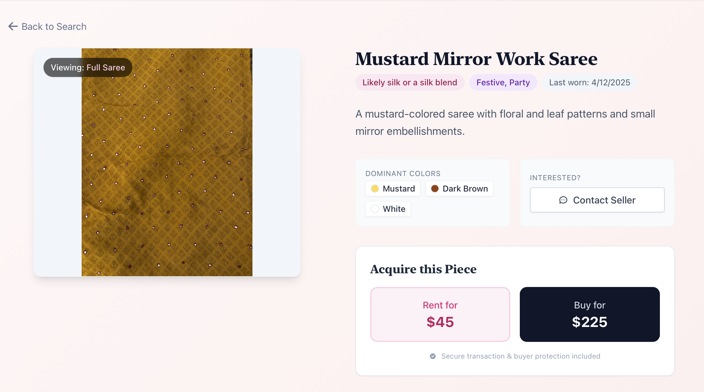 Saree detail page with Rent and Buy options