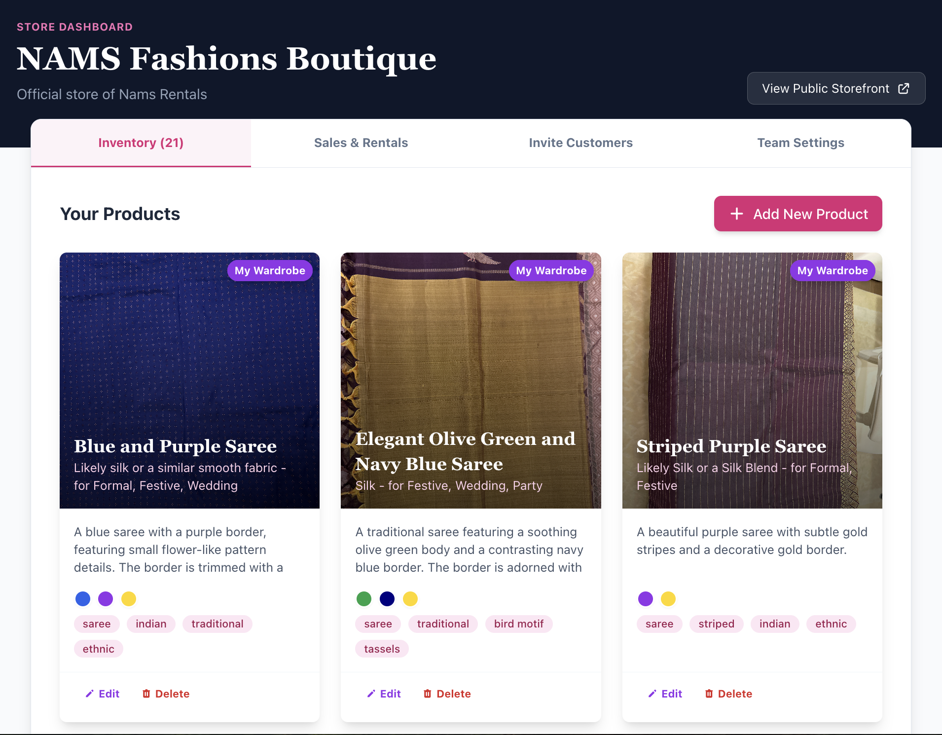 NAMS Fashions Boutique store dashboard with inventory management
