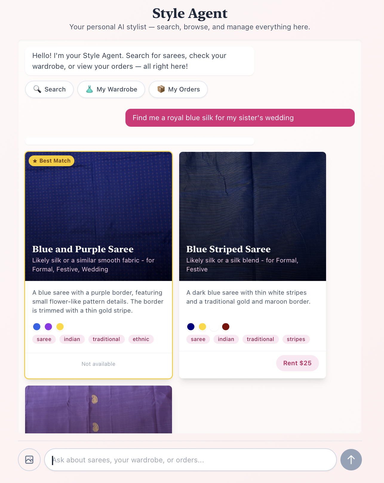 Style Agent searching for blue silk sarees