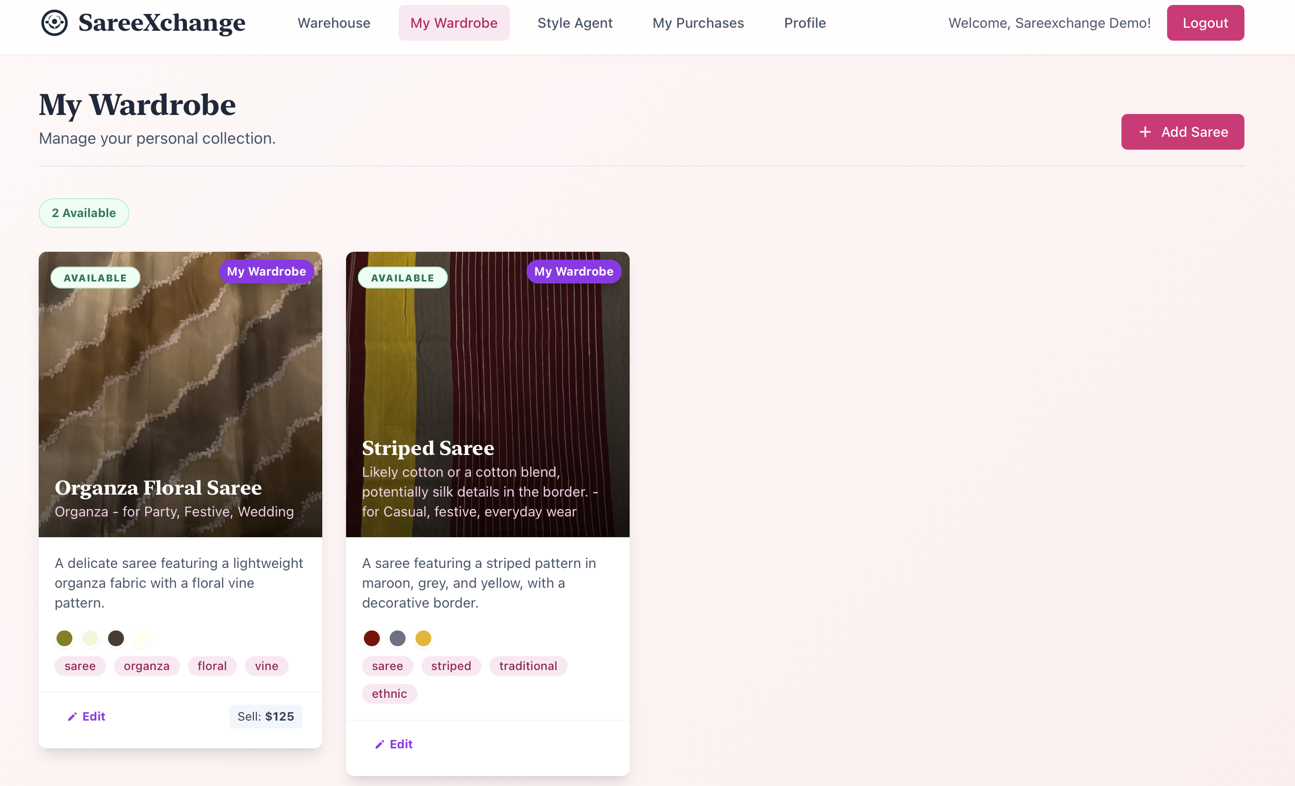 SareeXchange app showing My Wardrobe with AI-tagged sarees